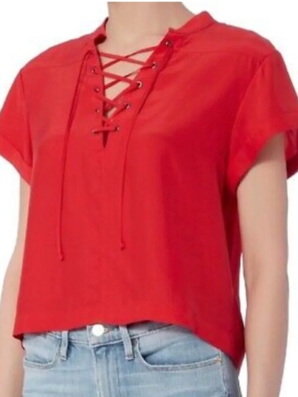 FRAME Red Lace-Up Front Short Sleeve Blouse - Size M